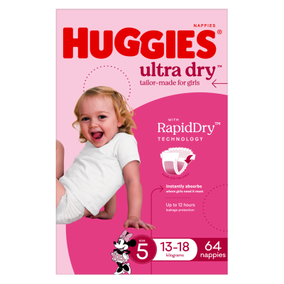 Huggies Ultra Dry Nappies For Girls Size 5 13-18kg 64pk