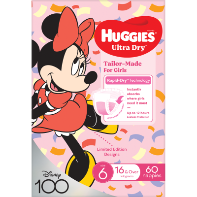 Huggies Ultra Dry Nappies Girl  Size 6 16kg+ 60pk