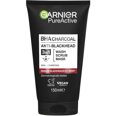 Garnier Pure Active BHA Charcoal Anti-Blackhead  3 In 1 Wash Scrub & Mask 150ml