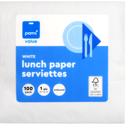 Pams Value White Lunch Paper Serviettes 100pk
