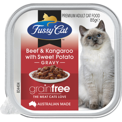 Fussy Cat Grainfree Beef & Kangaroo With Sweet Potato Gravy Premium Adult Cat Food 85g