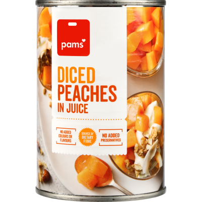 Pams Diced Peaches In Juice 410g