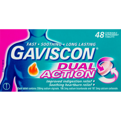 Gaviscon Dual Action Peppermint Heartburn & Indigestion Relief Chewable Tablets 48pk