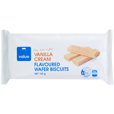 Value Vanilla Cream Flavoured Cream Wafer Biscuits 125g