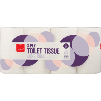 Pams 3 Ply White Long Roll Toilet Tissues 8 x 270 sheets
