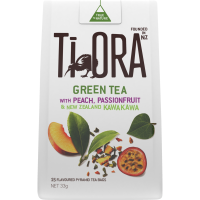 Ti Ora Green Tea With Peach Passionfruit & New Zealand Kawakawa Pyramid Tea Bags 15pk