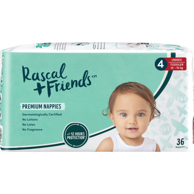 Rascal and Friends Premium Nappies Unisex 10-15kg Toddler 36pk