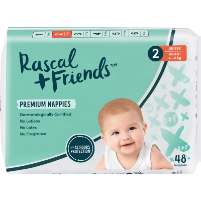 Rascal and Friends Premium Nappies Unisex 4-8kg Infant 48pk