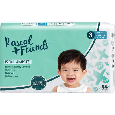 Rascal and Friends Premium Nappies Unisex 6-11kg Crawler 44pk