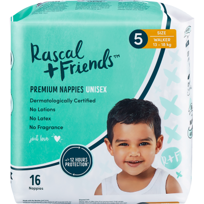 Rascal and Friends Premium Nappies Unisex 13-18kg Walker 16pk