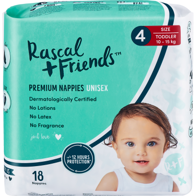 Rascal and Friends Premium Nappies Unisex 10-15kg Toddler 18pk