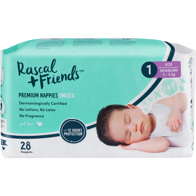 Rascal and Friends Premium Nappies Unisex 3-5kg Newborn 28pk