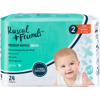 Rascal and Friends Premium Nappies Unisex 4-8kg Infant 24pk