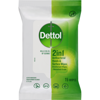 Dettol 2 in 1 Antibacterial Hands & Surface Disinfectant Wipes 15pk