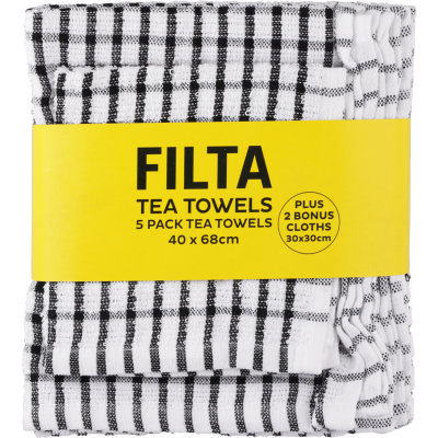 Filta Black Tea Towels Plus 2 Dish Cloths 1pk