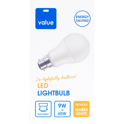 Value LED 9W  Frosted Warm White Bayonet Bulb ea