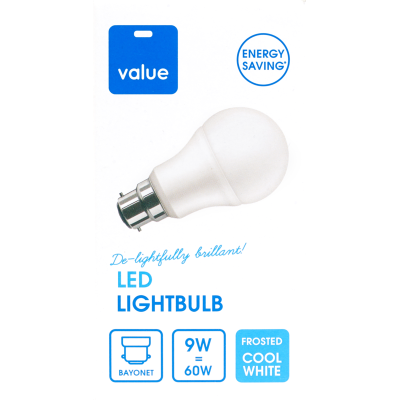 Value LED 9W Frosted Cool White Bayonet Bulb ea
