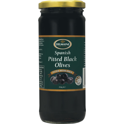 Delmaine Spanish Pitted Black Olives 450g