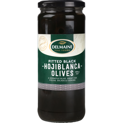 Delmaine Pitted Black Hojblanca Olives 450g