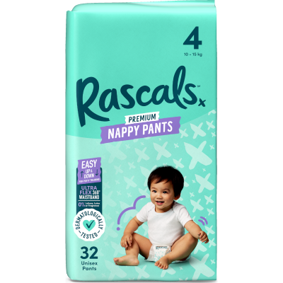 Rascals Premium Nappy Pants Unisex Size 4 10-15kg Toddler 32pk