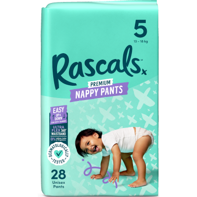 Rascals Premium Nappy Pants Unisex Size 5 13-18kg Walker 28pk