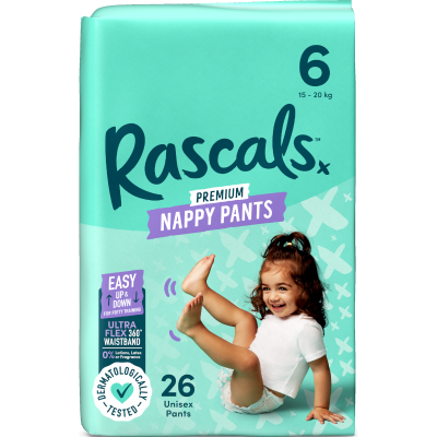 Rascals Premium Nappy Pants Unisex Size 6 15-20kg Junior 26pk