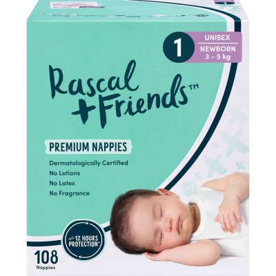 Rascal and Friends Premium Nappies Unisex 3-5kg Newborn 108pk