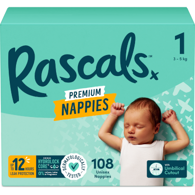Rascals Premium Nappies Unisex 3-5kg Newborn 108pk