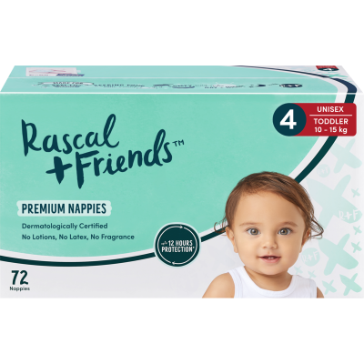 Rascal and Friends Premium Nappies Unisex 10-15kg Toddler 72pk