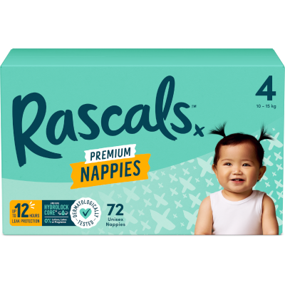 Rascals Premium Nappies Unisex Size 4 10-15kg Toddler 72pk