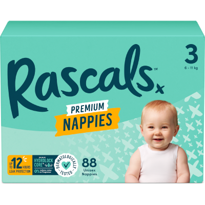 Rascals Premium Nappies Unisex Size 3 6-11kg Crawler 88pk