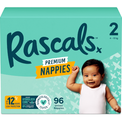 Rascals Premium Nappies Unisex Size 2 4-8kg Infant 96pk