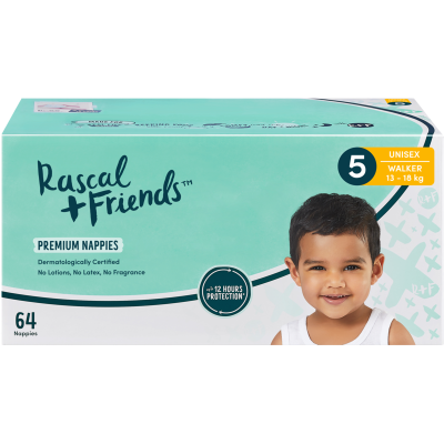 Rascal and Friends Premium Nappies Unisex 13-18kg Walker 64pk