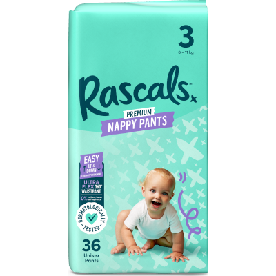 Rascals Premium Nappy Pants Unisex Size 3 6-11kg Crawler 36pk