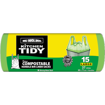 Big Black Sacks Compostable Tie-Tops Kitchen Tidy Liners Large 60 x 71cm 37 Litres 15pk