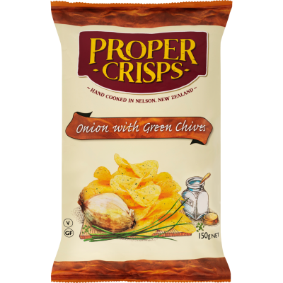 Proper Crisps Onion With Green Chives Hand Cooked Potato Crisps 150g