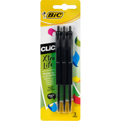 Bic Clic Extra Life Medium Black Retractable Pen 3pk