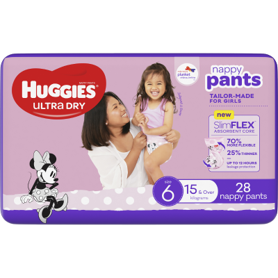 Huggies Ultra Dry Nappy Pants Girls Size 6 15kg+ 28pk