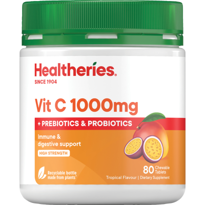 Healtheries Vit C 1000mg + Probiotics Tropical Flavour Chewable Tablets 80pk