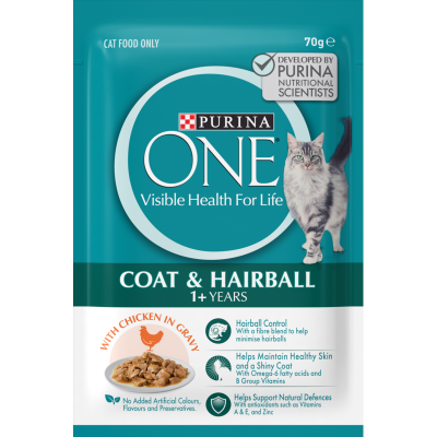 Purina ONE Chicken In Gravy Coat & Hairball 1+ Years Cat Food 70g