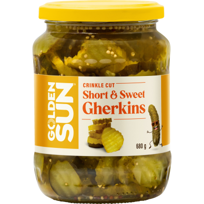 Golden Sun Crinkle Cut Short & Sweet Gherkins 680g