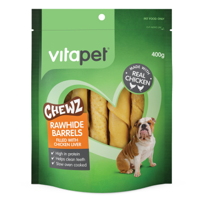 VitaPet Rawhide Barrels With Chicken Liver Chewz Dog Treats 400g