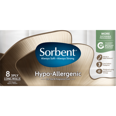 Sorbent Hypo-Allergenic 3 Ply Long Toilet Rolls 8 x 270 sheets