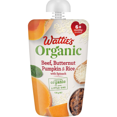 Wattie's Organic Beef Butternut Pumpkin & Rice With Spinach 6+ Months Pureed 120g