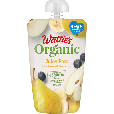 Wattie's Organic Juicy Pear With Banana & Blueberries 4-6+ Months Pureed 120g