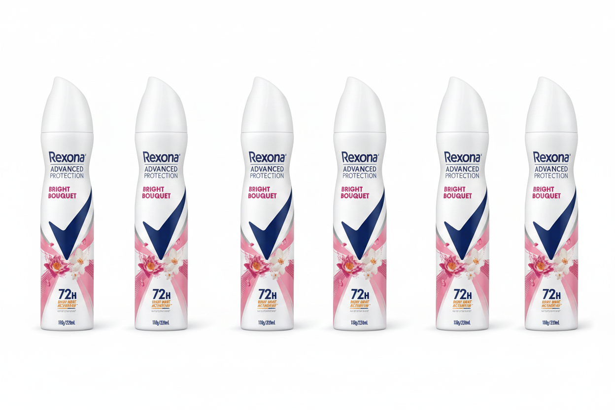 Rexona deodorant spray bottle with floral design on a white background