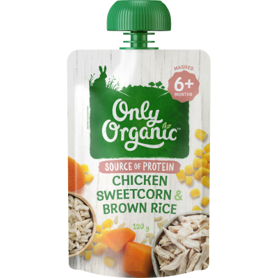 Only Organic Chicken Sweetcorn & Brown Rice 6+ Months 120g