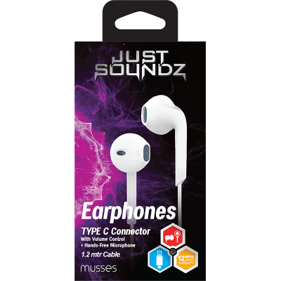 Justsoundz White Musses Type C Connector Volume Control Earphones ea