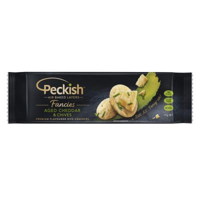Peckish Fancies Aged Cheddar & Chives Premium Flavoured Rice Crackers 90g
