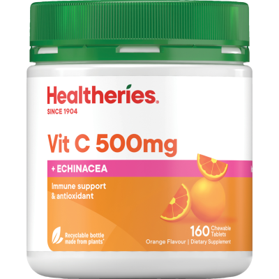 Healtheries Vit C 500mg + Echinacea Orange Flavour Chewable Tablets 160pk